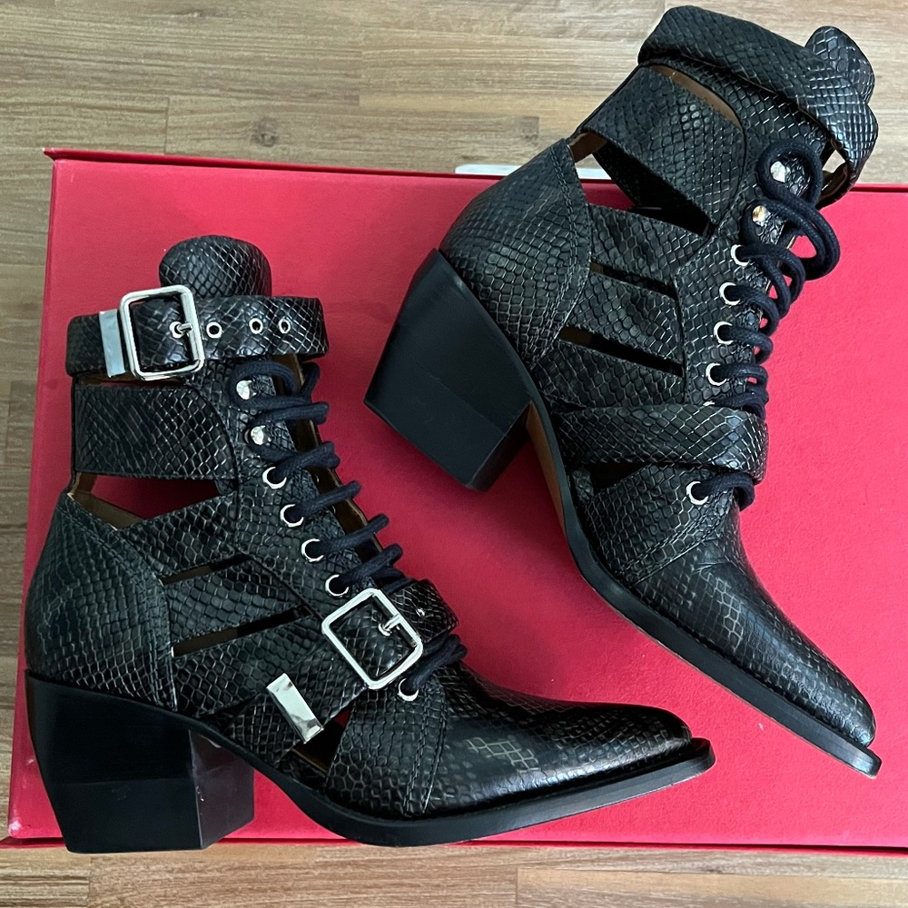 Chloe Rylee lace-up cutout snake-effect leather ankle boots